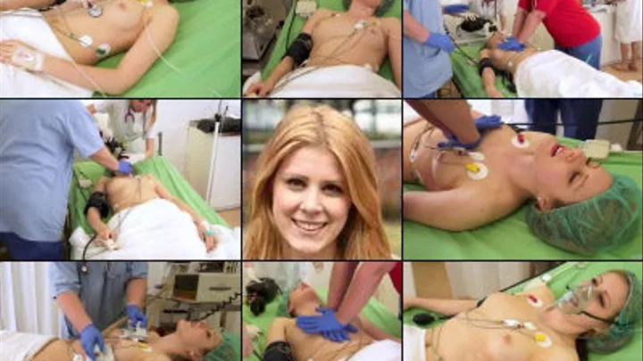 Chloe in ICU, CPR, Resus, 7 Lead ECG, IV, Nasal Cannula, BP, Vfib, Defib, CPR Board, Ambu