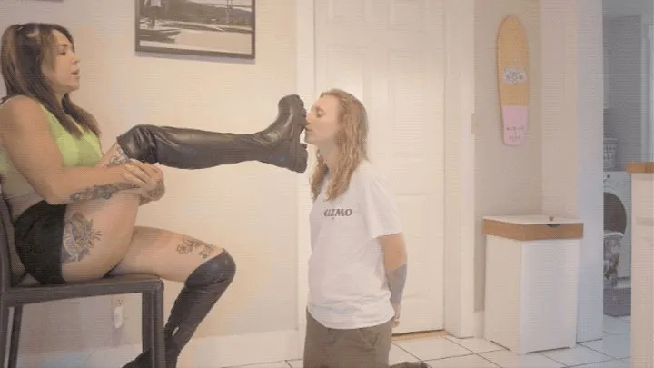 Lesbo worships my boots for the very first time