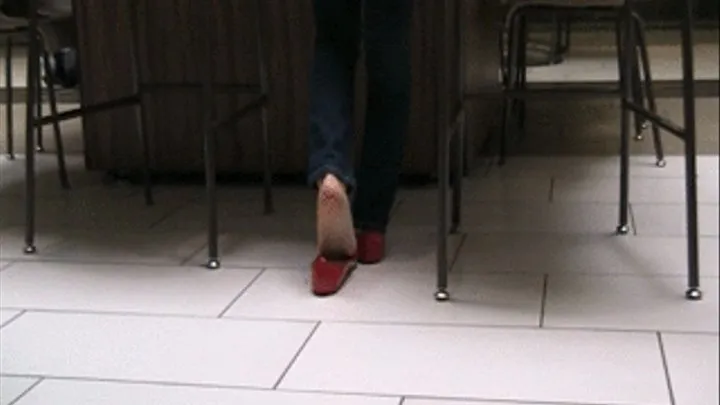 Red flats barefoot with jeans