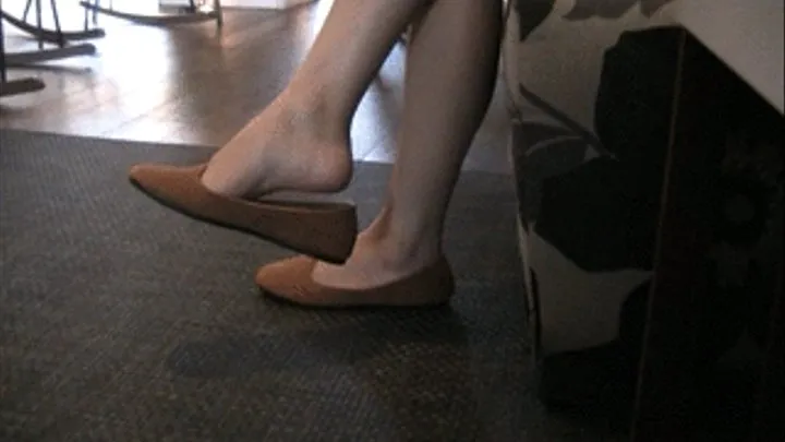 New brown suede flats barefoot @ hotel lobby