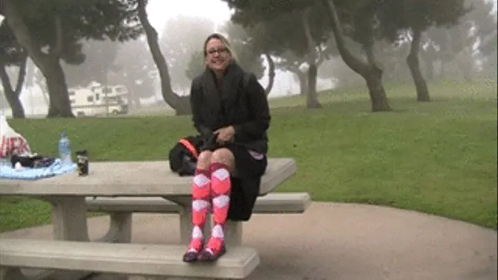 2 scenes: red patent flats & argyle knee socks plus black low hees & white socks