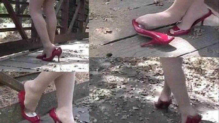 Red peep toes at the park ~ Shoeplay