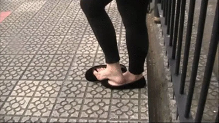 Black velour toe cleavage flats barefoot ~ standing & sitting