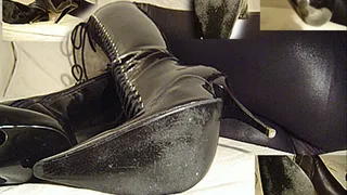 Lick my dirty soles slave! Black patent leather knee boots with stiletto heels