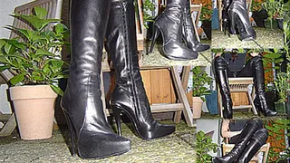 Black 1969 leather boots in the garden