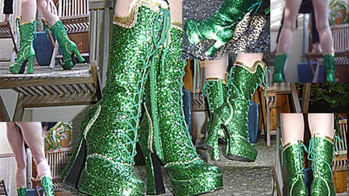 Green Gogo Glitter boots in the garden