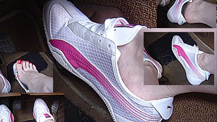 Pedal pumping in white and pink PUMA sneakers