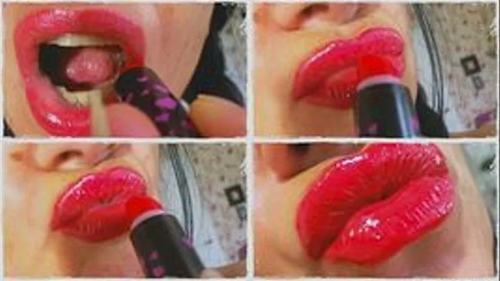 POV style red lipstick apply