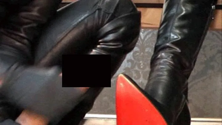 Lick the heels and milked by two leather mistresses and to eat your own cum (last part - cum over the boots)