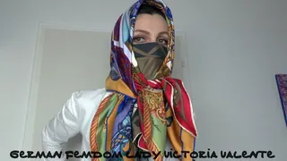 Styling of silk fabric mask and headscarf - and you masturbate!