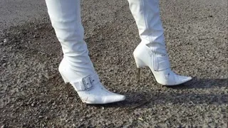 long walk in white metal heels