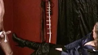 Leather boot trampld his ballbusted cock