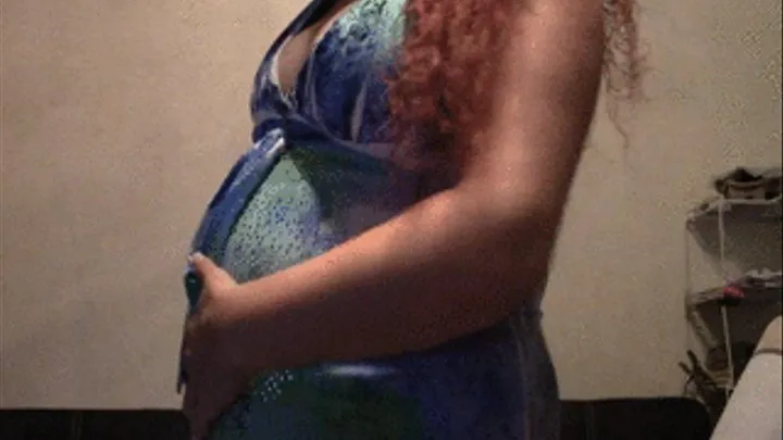 Pregnant Look-Big Belly in Tight Blue Dress--6 1 16--MVI 0017