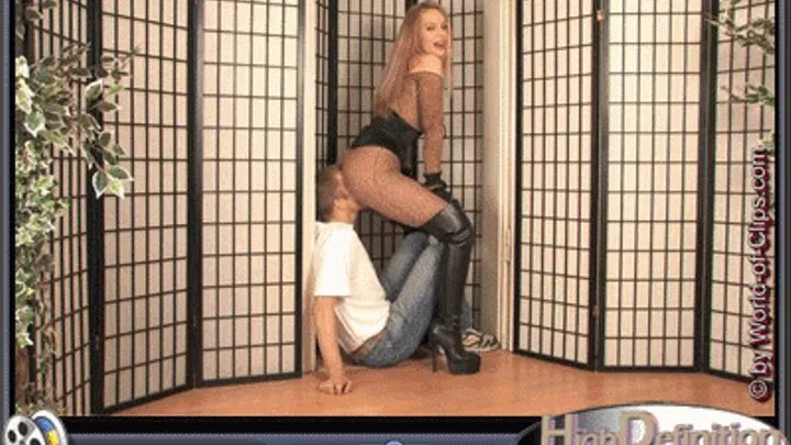 ***Don`t miss this clip*** Smothered in doorframe in nylon tigercatsuit ***Don`t miss this clip***