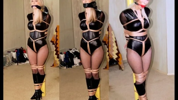 ( )Ultra Gorgeous Buxom Marilyn Pole Bound In Boots, Cleave, Tape and Ball-Gagged