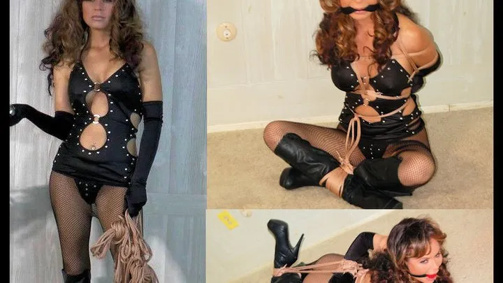 Elegant Beauty Stormy Evans In a Corset, Fishnets and Black Boots Is Bound, Hog-Tied, Cleave Gagged and Ball-Gagged Dominatrix