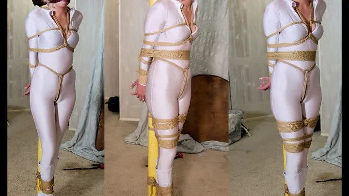 ( ) Tall Sultry Blonde Sarah Pole Bound, Cleve, Tape and Ball-Gagged in a White Catsuit and Boots