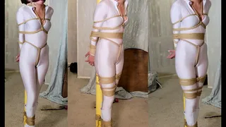 ( ) Tall Sultry Blonde Sarah Pole Bound, Cleve, Tape and Ball-Gagged in a White Catsuit and Boots