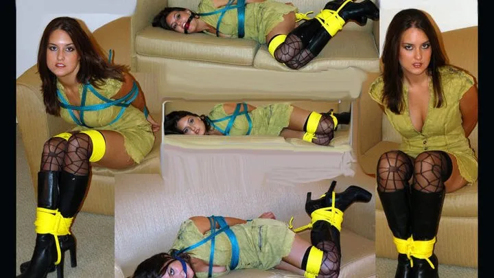 Gorgeous Rochelle is back as a bound, hog-tied and gagged tough chick