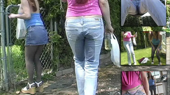 ineed2pee Janessa & Megan pee their tight jeans & pantyhose in the park -public wetting