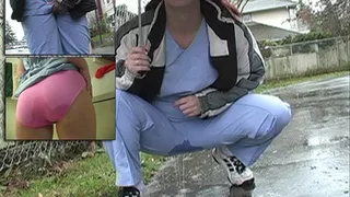 Michelle Pisses her cotton hospital scrubs uniform - public wetting pants