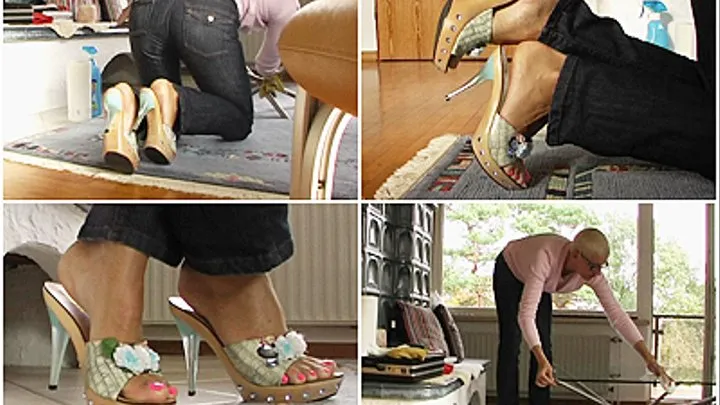 Housework in gorgeous wooden designer mules