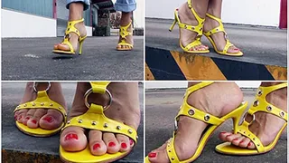 walking and posing in "eye-catcher" yellow sandals