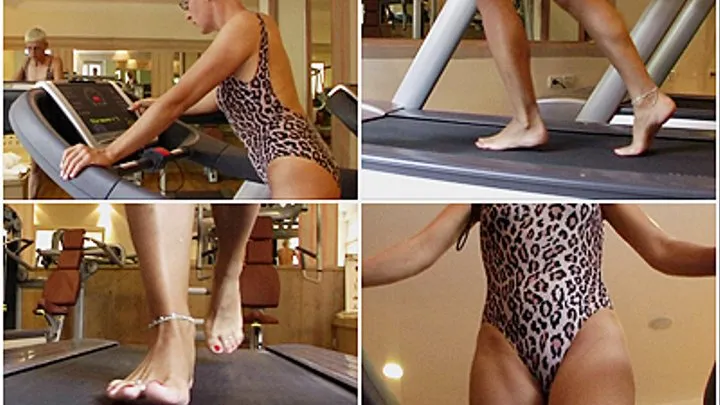 Bare foot on a treadmill - visit in a fitness room