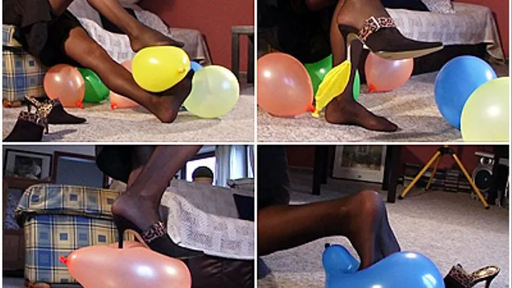 Balloonkilling - in black stockings,spiky heels,nyloned feet and toes