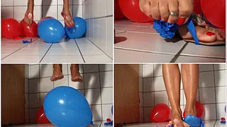 burst the balloons with both feet...in flip flops & bare foot