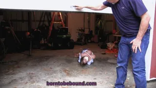 Full figured girl left hogtied on the ground with 3 pairs of panties in her mouth