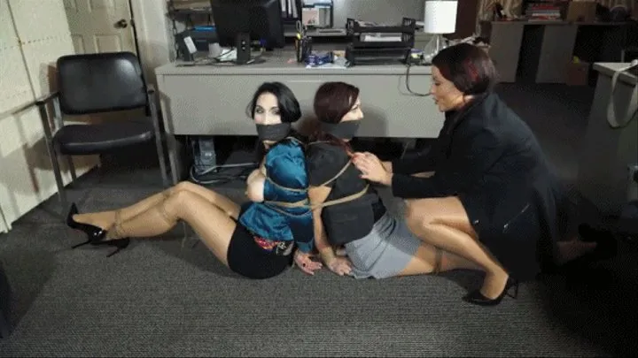 Busty office babes tied back to back