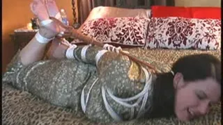 FULL CLIP Hogtied, crotch roped and barefoot in satin pajamas