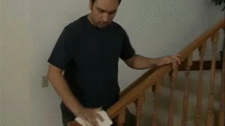 Man shining stair rail gets his rail stroked