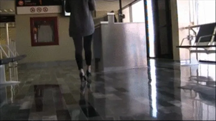 Black patent high heels & nylons @ airport