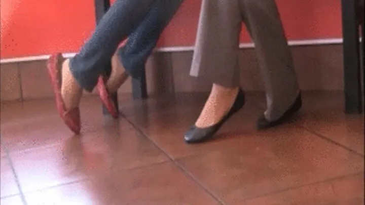 2 girls in flats & nylons ~ shoeplay @ Mac Donalds side view