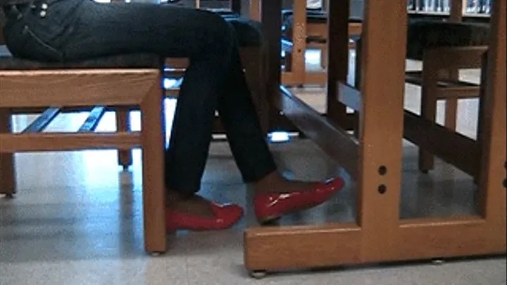 Red flats & nylons at the library from the side