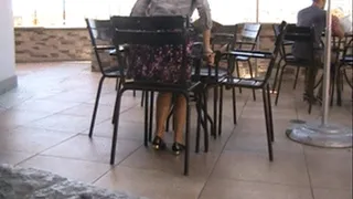 New J Crew low heels & nylons @ Starbucks patio