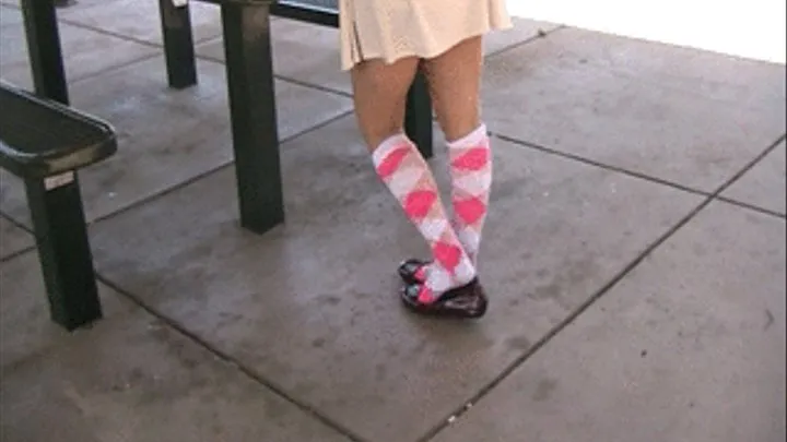 red patent flats with pink & white argyle knee socks