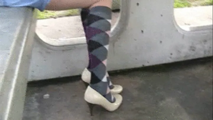 Knee socks & high heels @ bench ~ Front view