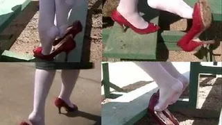 Well worn & very loose red peep toes - On the bleachers