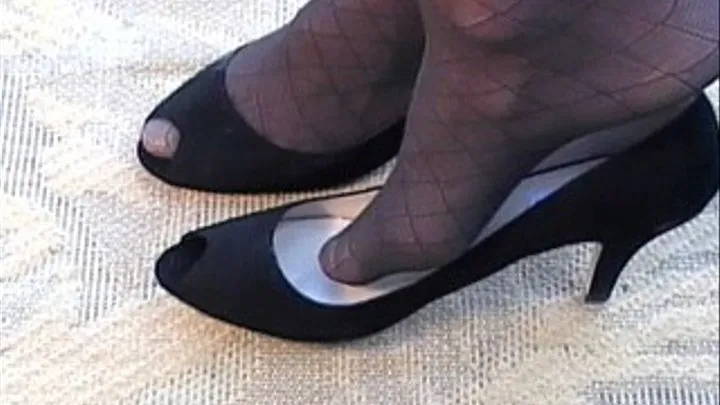 Black suade peep toe heels & stockings - Dipping