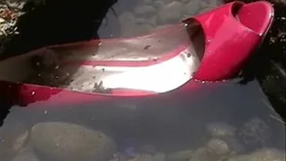 Red peep toe high heels fall into the pond - Crushed & destroyed