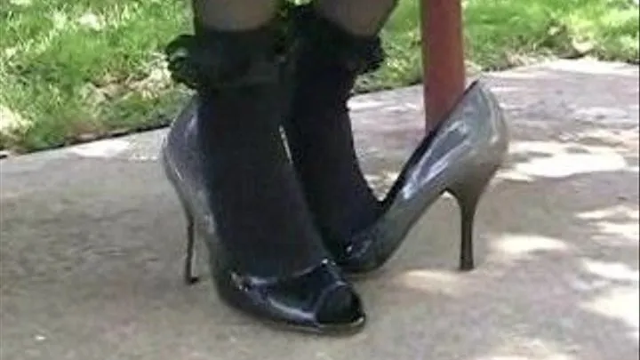 Black & gray peep toe heels with black lace ankle sox