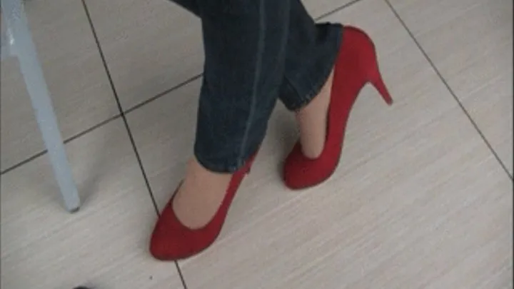 Red suede high heels, nylons & jeans dipping