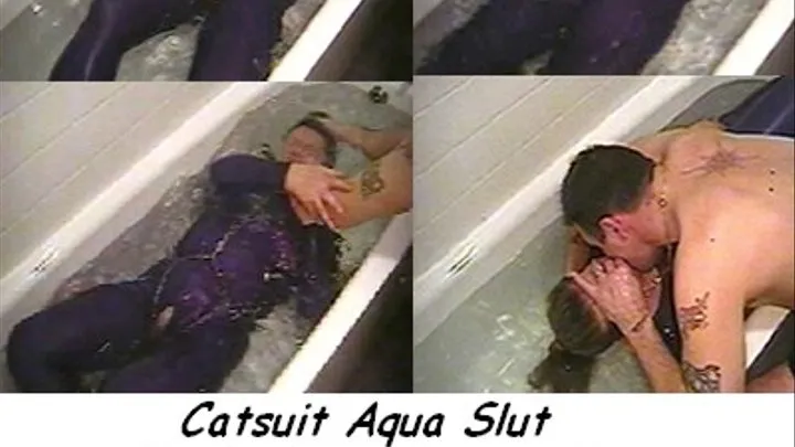 Catsuited aqua slut dunked and