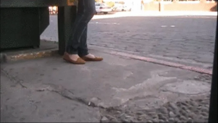 Brown flats barefoot heel crush @ bus stop