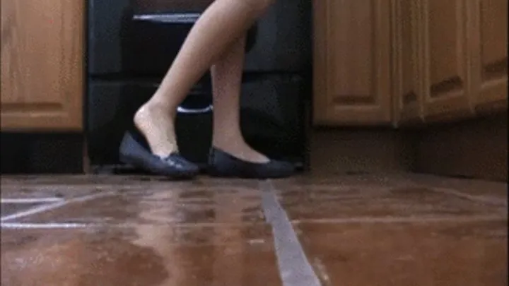 New blue penny loafers barefoot heel crush in the kitchen