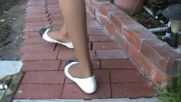 1st Crush ~ Black & white flats & nylons ~ Heel crush walkabout