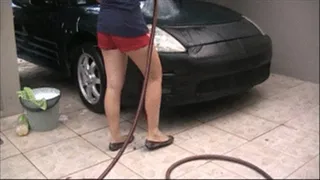 Car wash in crushed heels barefoot